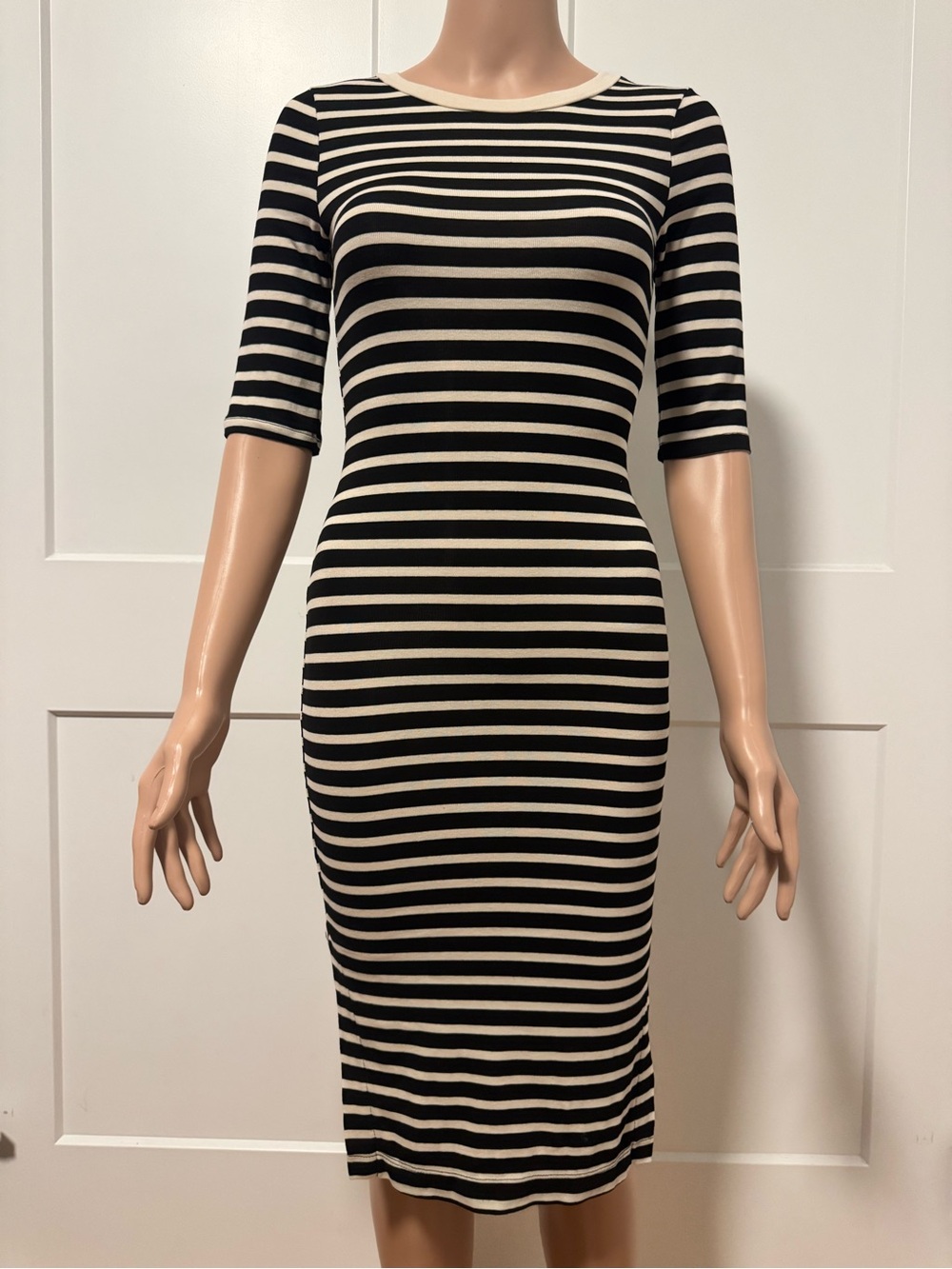Monteau Black Cream Stripes Stretch Cotton Short Sleeves Slit Long Maxi Dress XS